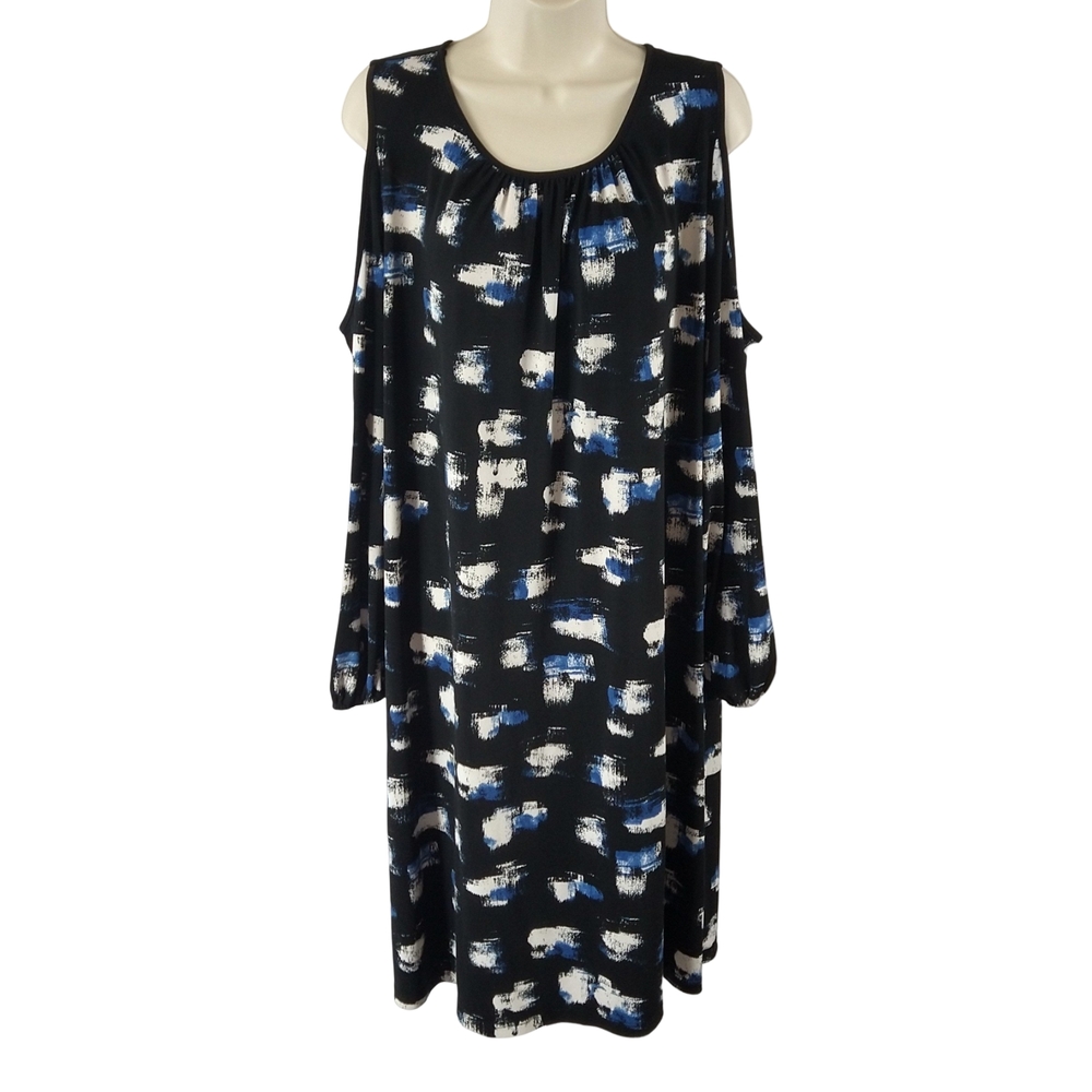 Boutique Black and Blue Patterned Cold Shoulder Long Sleeve Dress